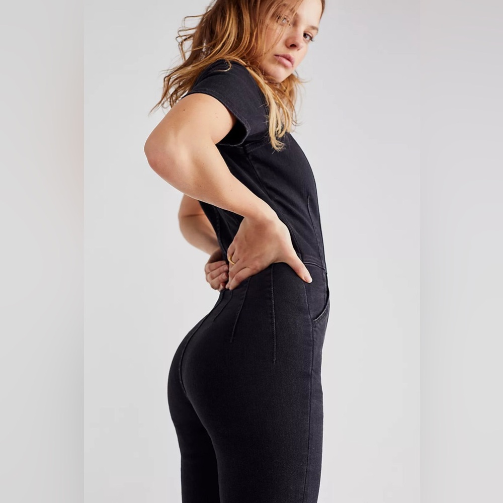 We The Free Black Short-Sleeve Denim Jumpsuit - Picture 3 of 7